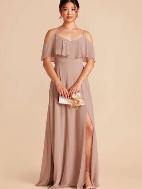 CONVERTIBLE Birdy Grey Cold-Shoulder Ruffle Maxi Dress in Taupe